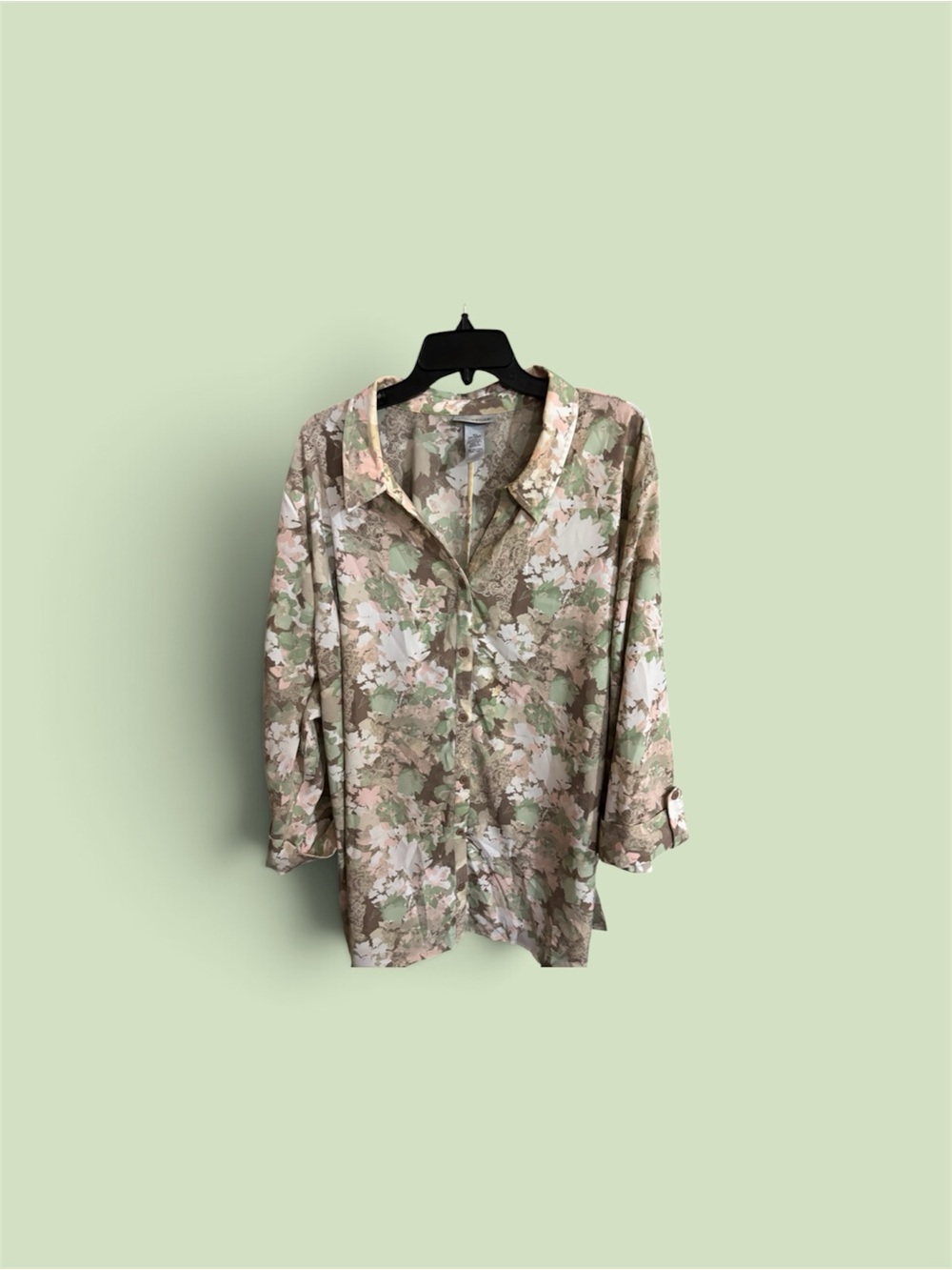 Catherines Sage and Beige Floral Button-Down Shirt